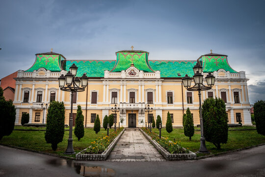 Close up on Vladicanski Dvor, the Bishop Episcopal palace with its typical Austro hungarian architecture,  in Vrsac, Serbia, built in the 17th century, one of main landmarks of city center of Vrsac