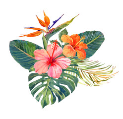 Tropical bouquet. Hibiscus and bird in paradise, monstera, banana tree leaf. Hand drawn gouache illustration