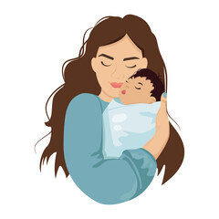 Mother holds her baby boy in arms. Vector illustration of motherhood and care about kids
