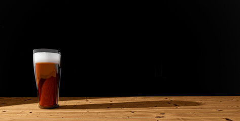 Glass of beer on a rustic wooden table on a black background. Liquors and beverages. Illustration 3d