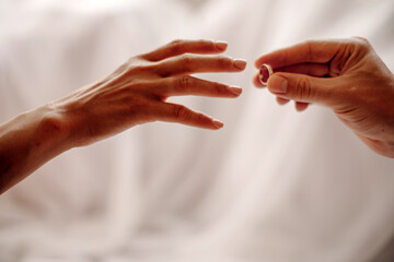 rings in hands. Love concept. Wedding day. Sensual. Photo. Romantic lovers. 