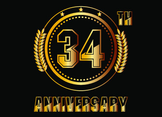 34 years anniversary. Gold vector with rings for 34 years anniversary celebration on black background.