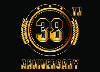 Fototapeta premium 38 years anniversary. Gold vector with rings for 38 years anniversary celebration on black background.
