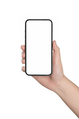 Hand holding phone with blank screen isolated on white background.