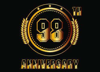 98 years anniversary. Gold vector with rings for 98 years anniversary celebration on black background.