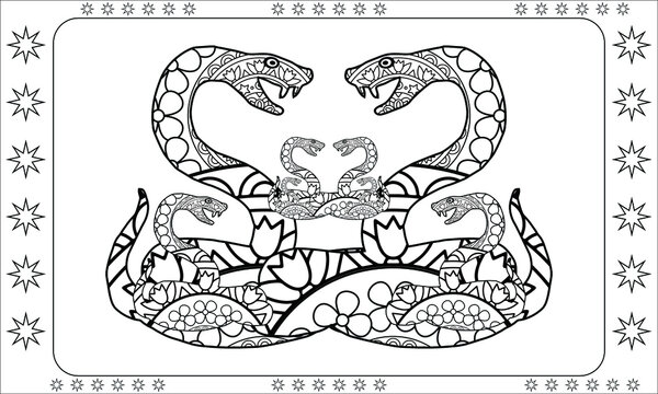 Coloring book, Eight snakes.Coloring book for children, Eight snakes.hand drawn coloroing pages for adults.