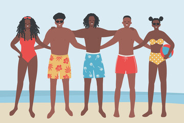 Obraz premium Happy black people in beach wear stand on the seashore. Young women and young men in swimsuits and swimming trunks are standing together. Friends in beach suits are standing and hugging. Vector
