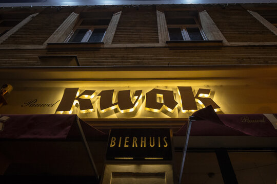 PRAGUE, CZECHIA - NOVEMBER 6, 2019: Pauwel Kwak logo in front of one of their retailers bar for Prague. Part of Bosteels brewery, Pauvel Kwak is an iconic Belgian beer.