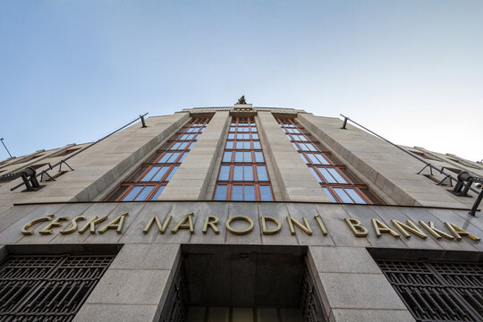 PRAGUE, CZECHIA - NOVEMBER 1, 2019:  Ceska Narodni Banka CNB logo on their headquarters in Prague. CNB, Or Czech National Bank, is Czechia's Central bank in charge of the currency & the economy.