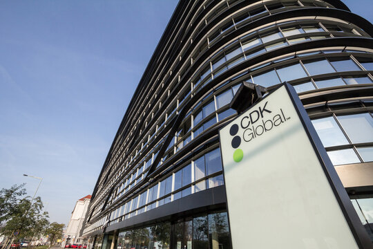 PRAGUE, CZECHIA - OCTOBER 31, 2019: CDK Global logo on their headquarters for Prague. CDK Global is an American firm specialized in automotive dealership technology services