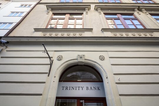 BRNO, CZECHIA - NOVEMBER 4, 2019: Trinity Bank logo in front of their main office for Brno. Trinity Bank is a Czech bank from Zlin specialized in retail banking and credit