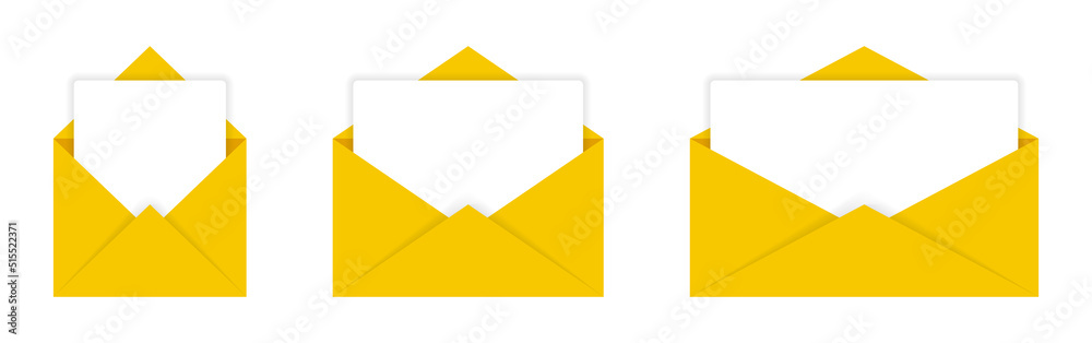 Poster open envelope letter with blank paper template vector illustration set.