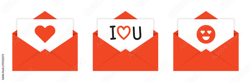 Poster Romantic message I Love You with red heart on card design inside an open envelope vector illustration.