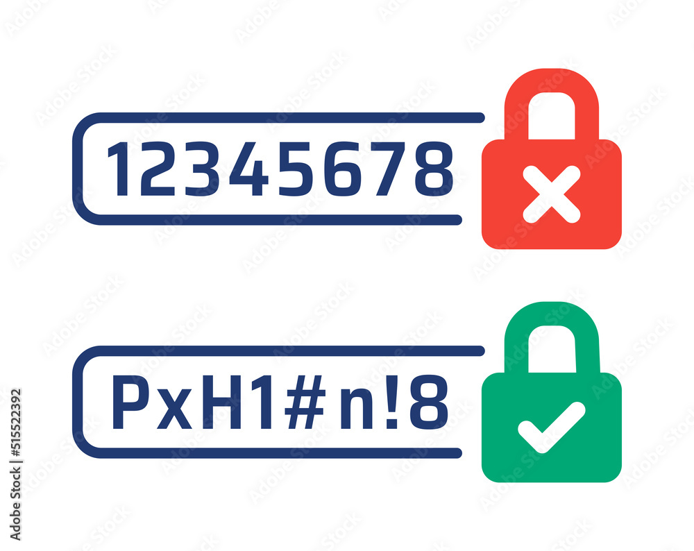 Fototapete Unsecure password too easy to remember with low protection VS secure password code with strong security. Vector icon illustration.