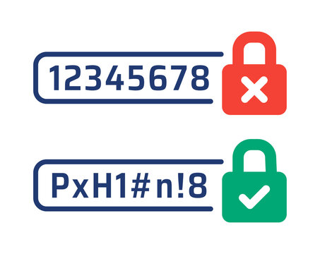 Unsecure password too easy to remember with low protection VS secure password code with strong security. Vector icon illustration.