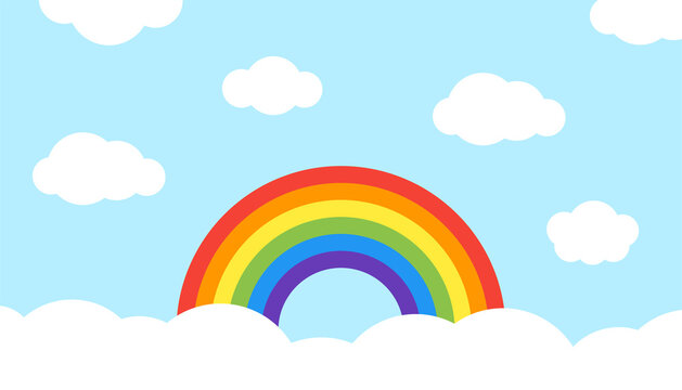Beautiful rainbow cartoon style in the sky with clouds icon vector. Cute and colorful decoration for kid poster illustration.