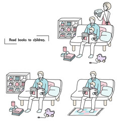 家事をする母親の傍らで子どもに本の読み聞かせをする父親