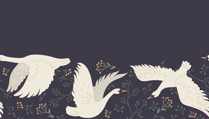 Seamless border with flying swans on a dark background. Vector graphics.
