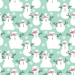 Winter seamless print with snowman and snowflakes for Christmas wrapping paper and fabrics and kids