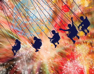 Young people are seen riding a chair swing carnival ride as fireworks explode in the background in this 3-d illustration. © Rob Goebel
