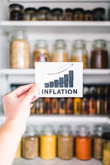 inflation text and graphs showing prices of groceries going up in front of tidy organised pantry with jars and ingredients