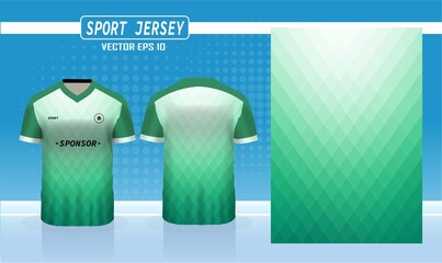 Green white t-shirt sport design template for soccer jersey, football kit and badminton jersey. Sport uniform in front and back view. Tshirt mock up for sport club. Vector Illustration.
