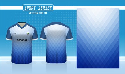 Blue white t-shirt sport design template for soccer jersey, football kit and badminton jersey. Sport uniform in front and back view. Tshirt mock up for sport club. Vector Illustration.
