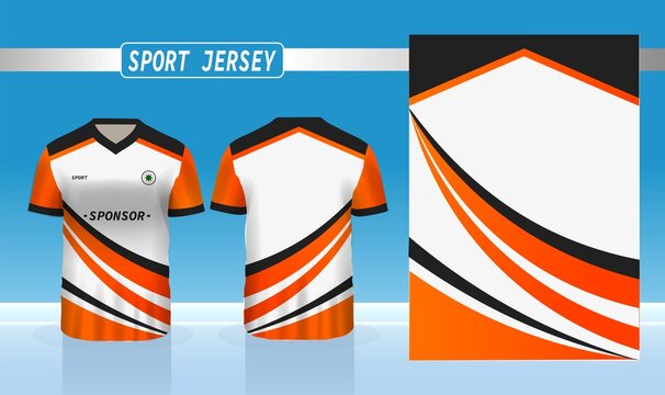 Orange sports shirt jersey design template. Background mockup for sports jerseys, racing, badminton, football, running jerseys, orange black white side stripes.