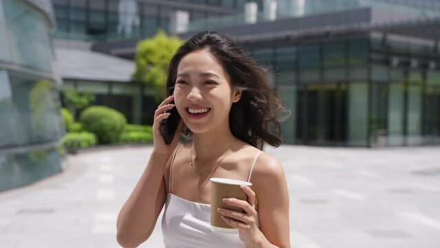 charming asian young woman talking on mobile phone holding caffee walking in the city street at sunny summer day