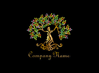 Decorative dryad Tree logo Vector isolated with rainbow and colorful leaves, mythology tree with swirl roots, goddess logo.