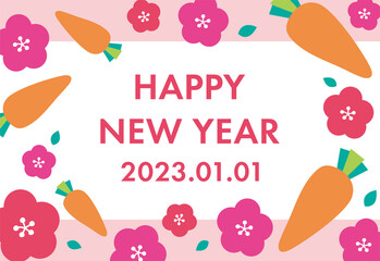 人参と梅の花のカラフルでポップな背景　卯年年賀状テンプレート