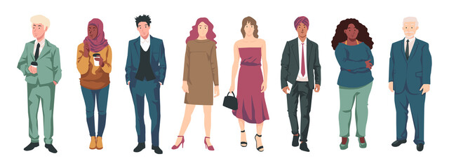 Obraz premium Diverse groups of multinational company business people, entrepreneurs, workers and expatriates isolated on white background. men, women, young and old standing. Flat design vector illustration.