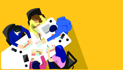 idea and concept creativity illustration business.Office workers sit at a round table and discuss ideas, 