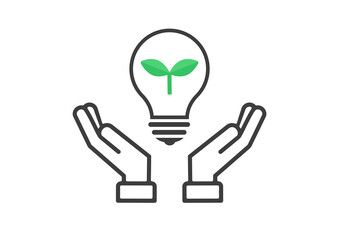 緑色の葉っぱが入った豆電球を守る人の手のイラスト - 省エネ･節電･脱炭素のイメージ素材
