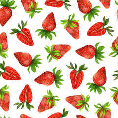 Ripe red strawberry seamless watercolor pattern. Sweet garden berry with leaves isolated on white background. Hand drawn whole fresh fruit, cut in half. Delicious exotic dessert. Natural healthy food