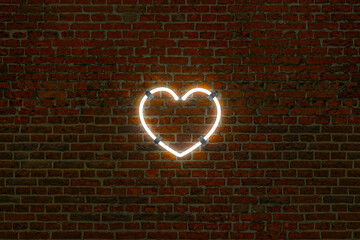 3D Neon Heart Shape Lamp on Dark Brick Wall Background