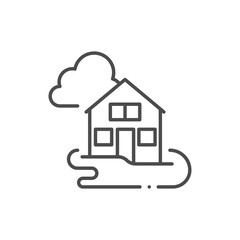 Flooded house line icon. linear style sign for mobile concept and web design. Flooding disaster outline vector icon. Symbol, logo illustration. Vector graphics