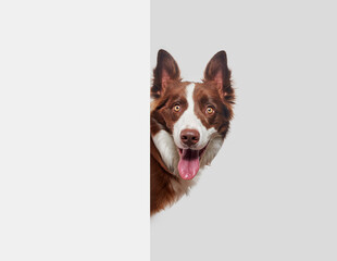 brown and white border collie pokes his head happily out of a white wall and a gray background with his mouth open and his ears standing up