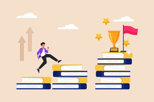 Man stepping on a pile of books to get a trophy. Education level concept. Colored flat graphic vector illustration isolated.