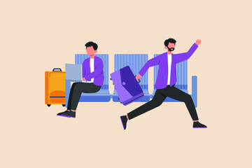 Fototapeta na wymiar Late Businessman running through the airport terminal, holding the luggage. Airport activity concept. Flat vector illustration isolated. 