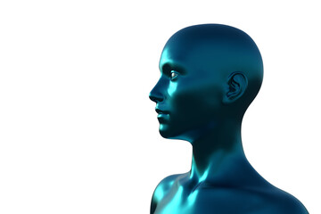 3d illustration. Portrait of a blue bald woman on a white background. 