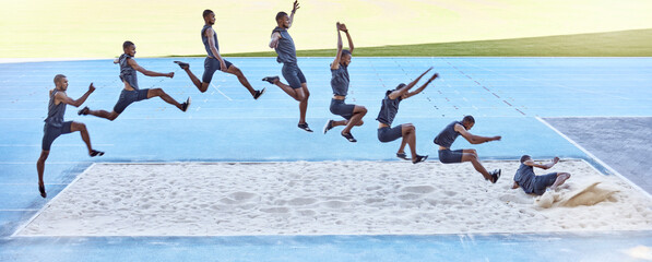 A sequence of a fit male athlete jumping in a sandpit competing in the long jump. Professional...