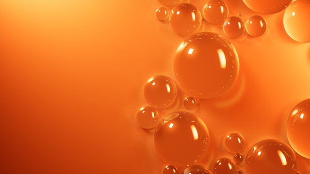 Water Droplets on Orange and Yellow Background. Glossy Wallpaper with Copy-Space.
