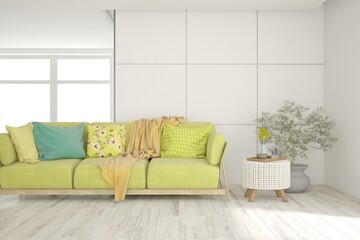 White living room with sofa. Scandinavian interior design. 3D illustration