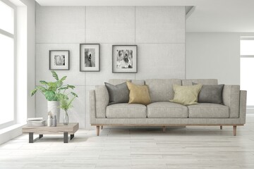 Fototapeta premium White living room with sofa. Scandinavian interior design. 3D illustration