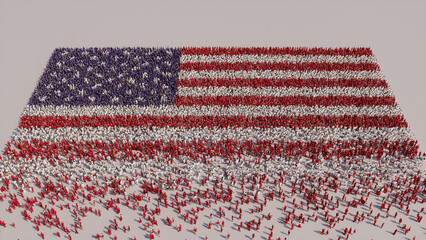 Aerial view of a Crowd of People, gathering to form the Flag of USA. American Banner on White Background.