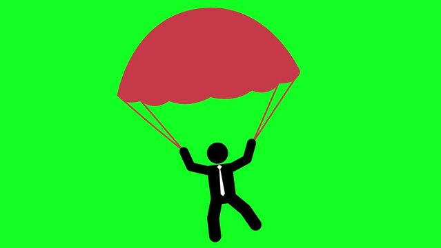 Skydiving Cartoon Man Character Silhouette Animation 2D Isolated on Greenbox Background Chroma Key
