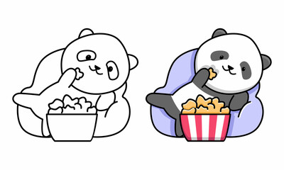 Cute panda eating popcorn coloring page for kids © barnawi