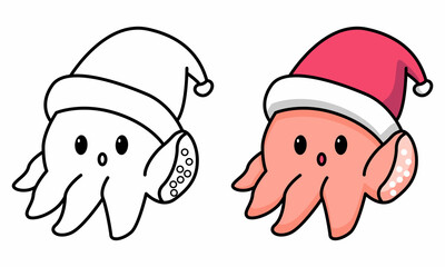 Cute octopus with christmas hat coloring page for kids