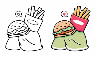 Cute burger and french fries coloring page for kids